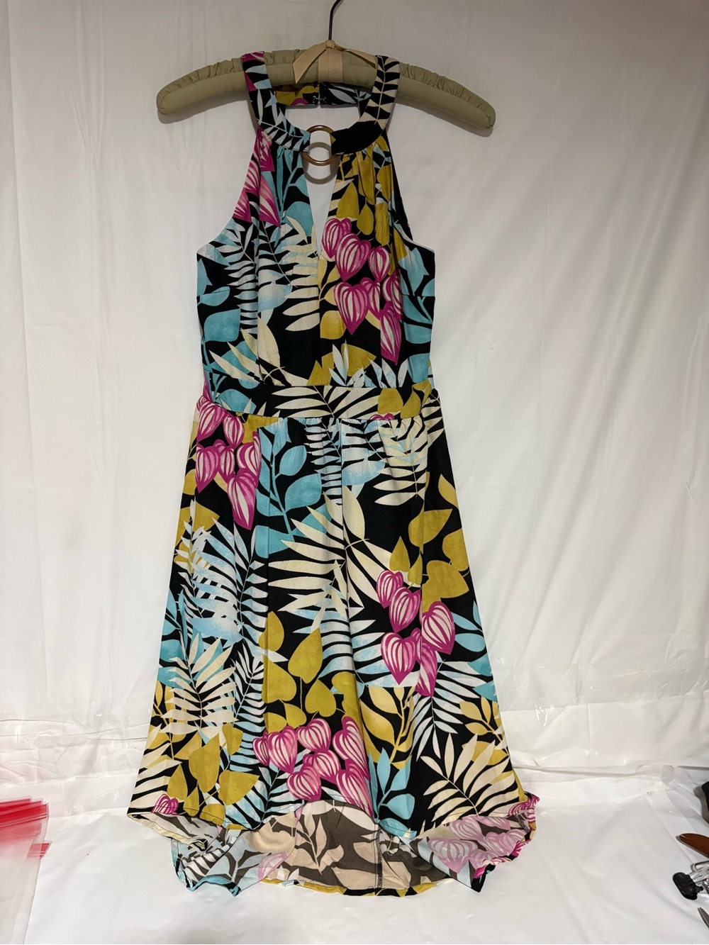 Lascana Tropical Halter High-Low Dress in Pink, Blue & Yellow